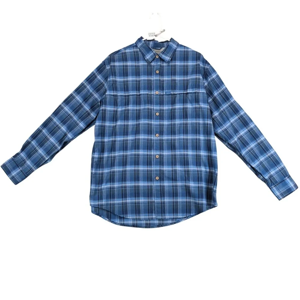G.H. Bass Blue Plaid Outdoor Button Shirt Mens L Roll Tab Sleeves Hiking Camping